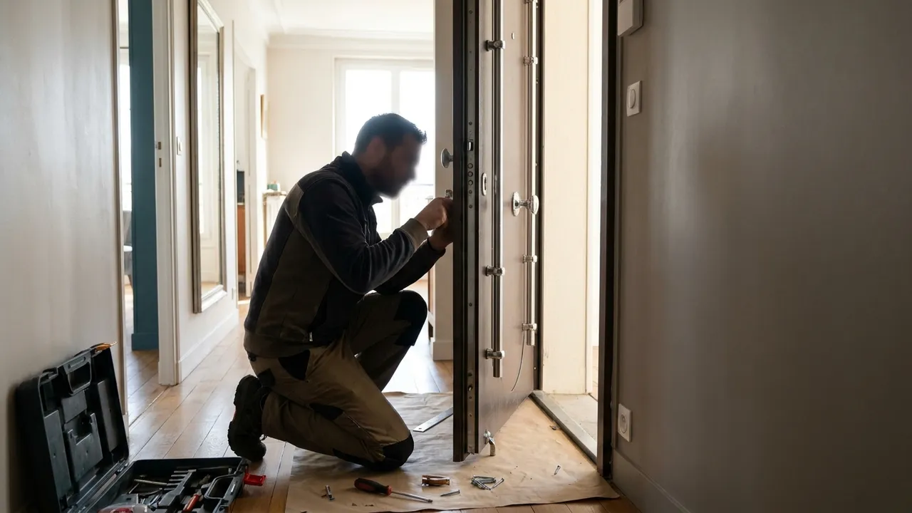 Porte d'entrée blindée d'un appartement en cours d'installation à Fontenay-sous-Bois