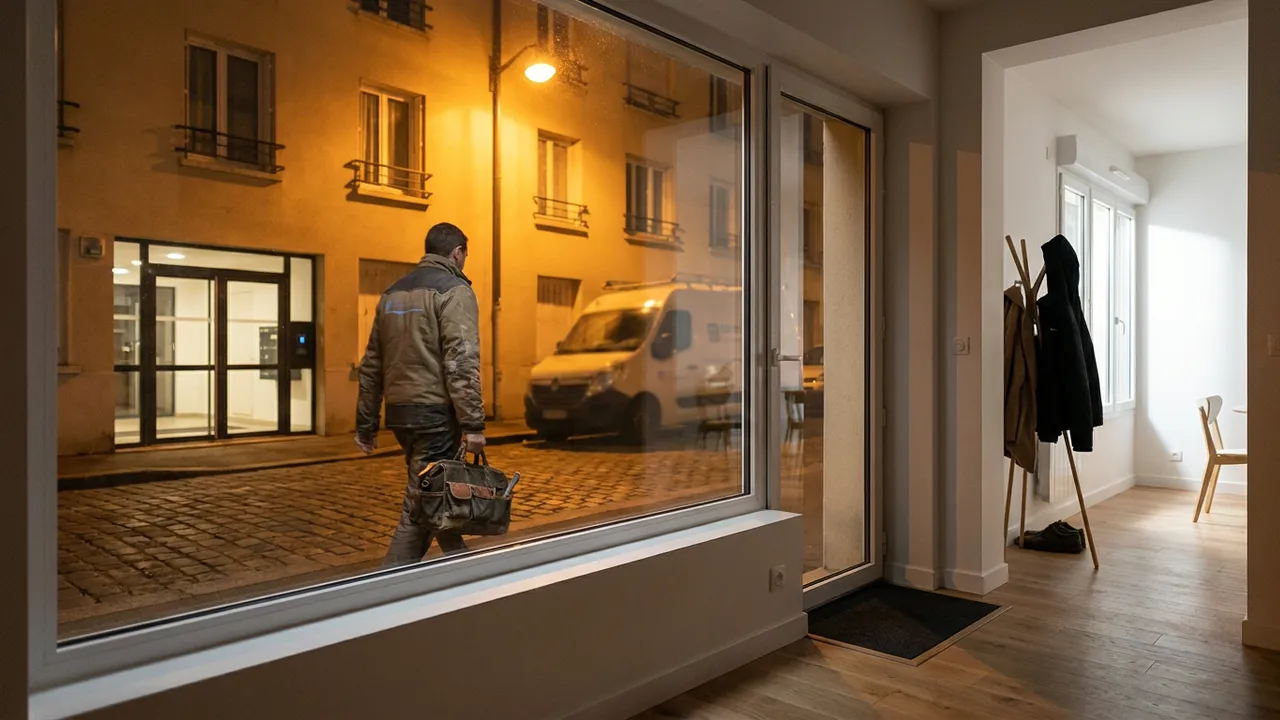 Serrurier intervenant de nuit sur une porte d'immeuble éclairée à Fontenay-sous-Bois